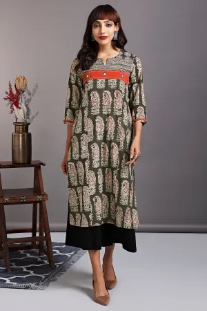 patchwork long kurta - brushed grey & sumptuous orange