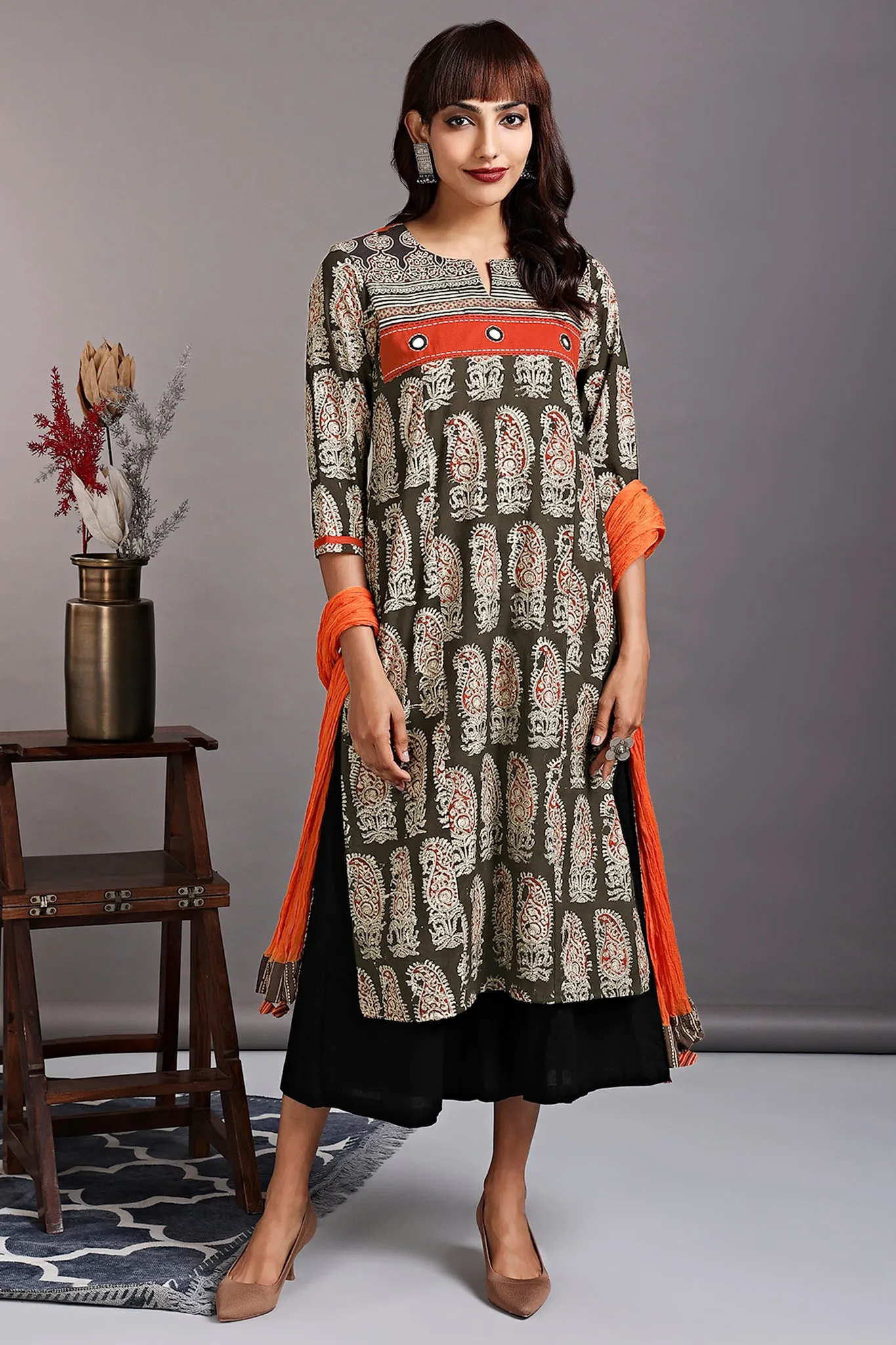 patchwork long kurta - brushed grey & sumptuous orange