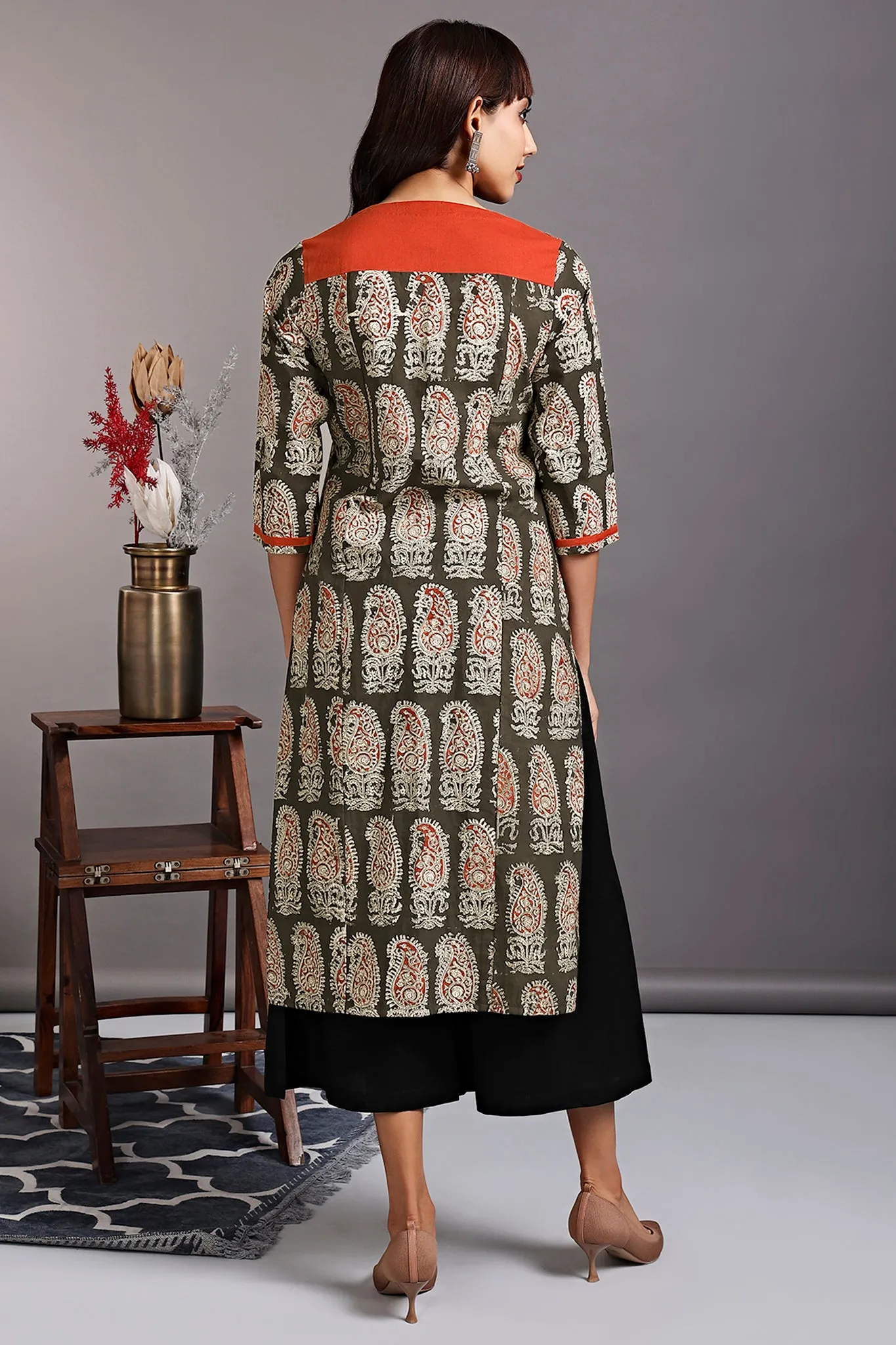 patchwork long kurta - brushed grey & sumptuous orange