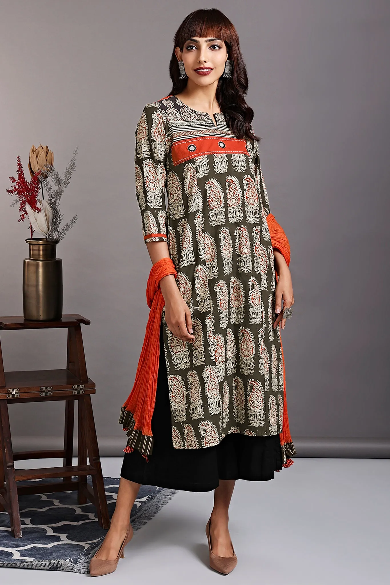 patchwork long kurta - brushed grey & sumptuous orange