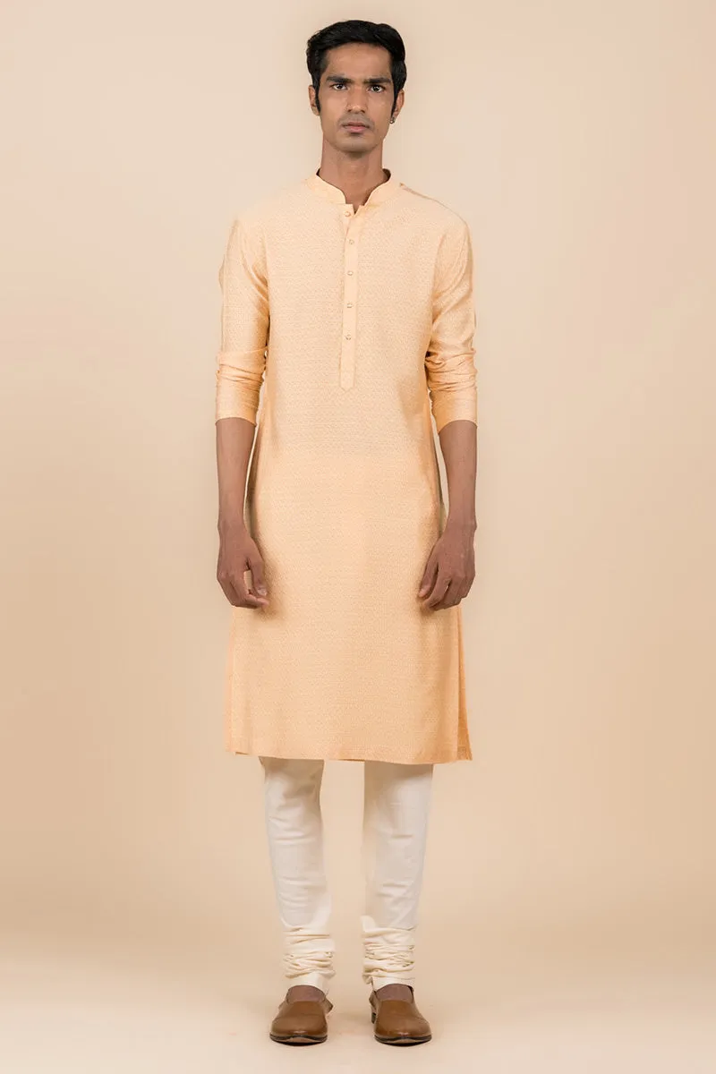 Peach Jacquard Kurta Set In Jaal Pattern