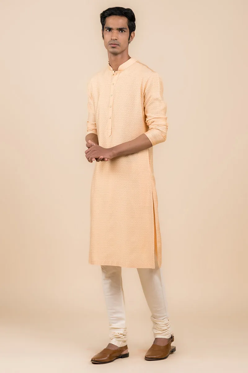 Peach Jacquard Kurta Set In Jaal Pattern