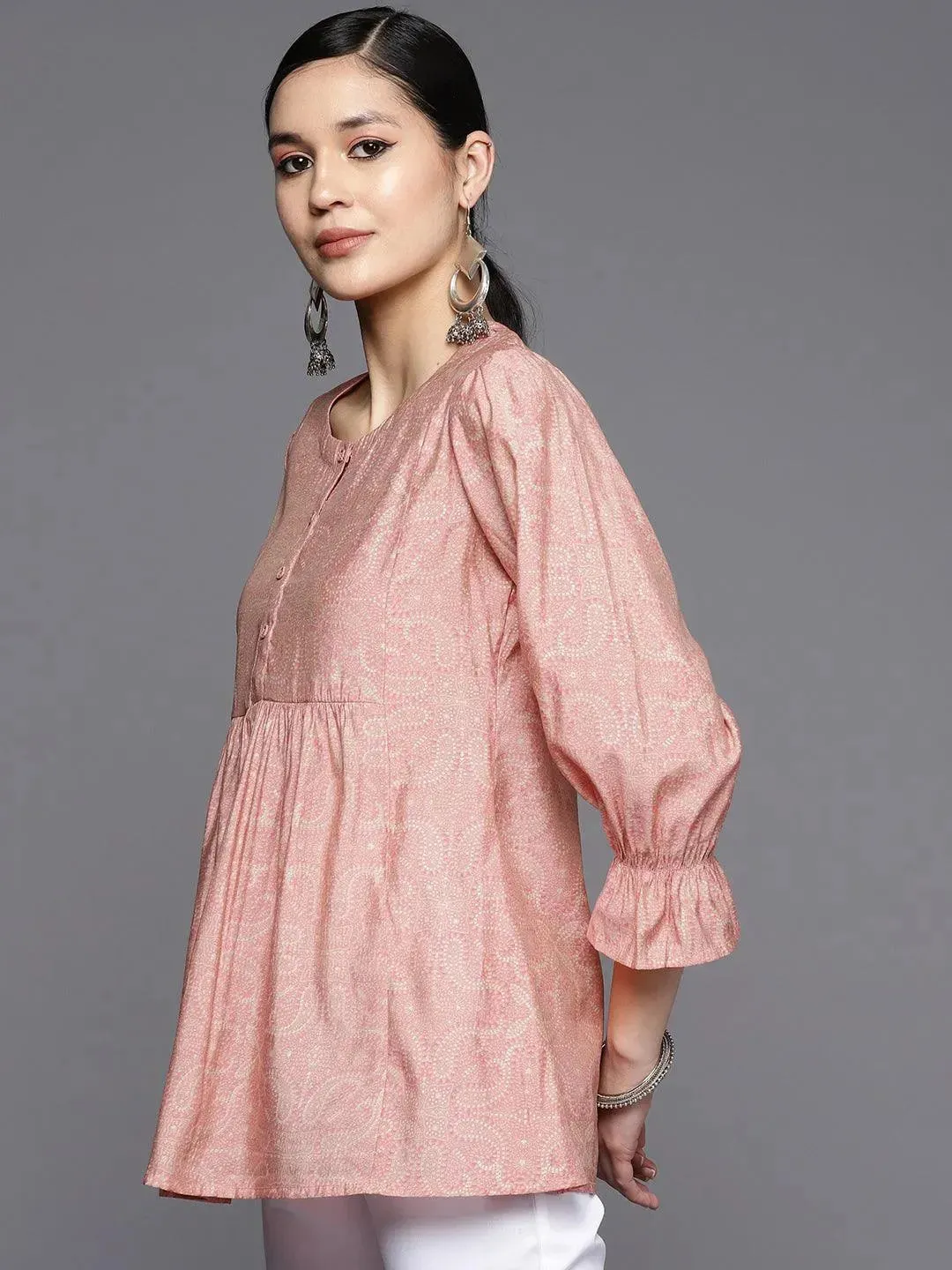 Peach Printed Silk Blend A-Line Kurti