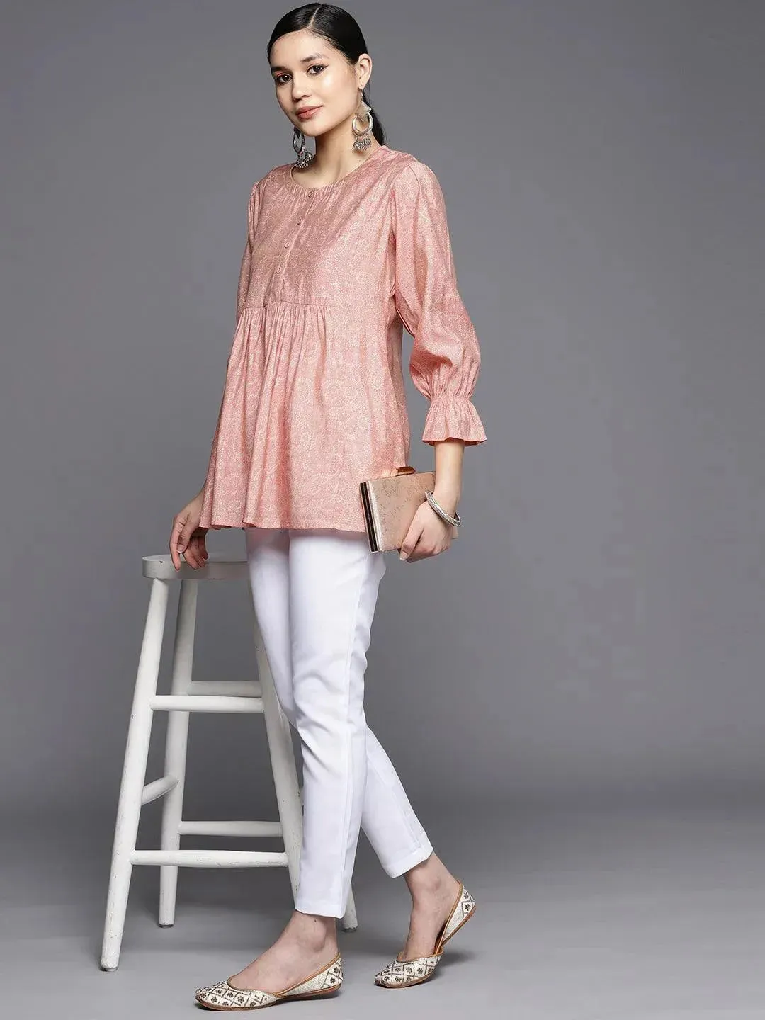 Peach Printed Silk Blend A-Line Kurti