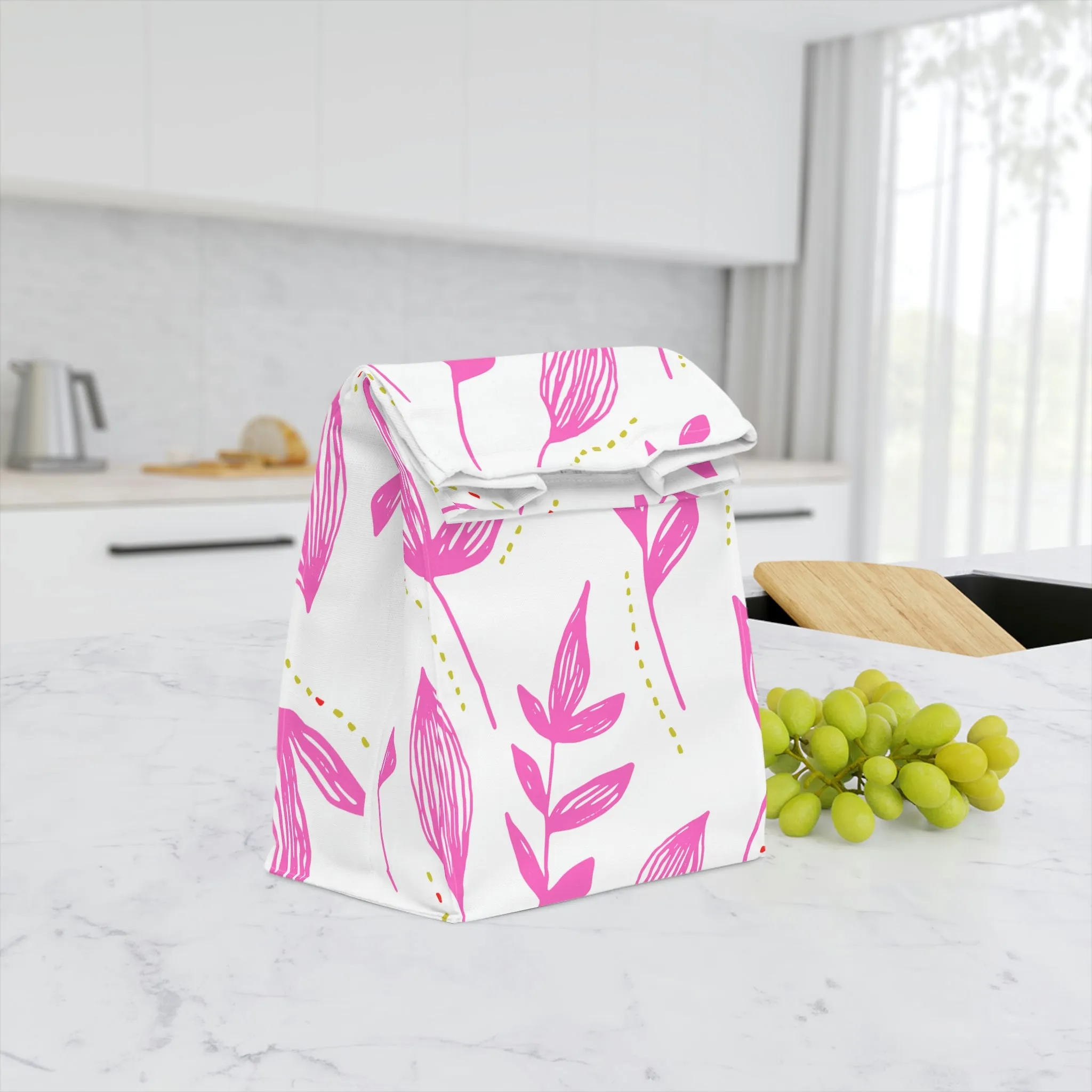 pink floral Polyester Lunch Bag