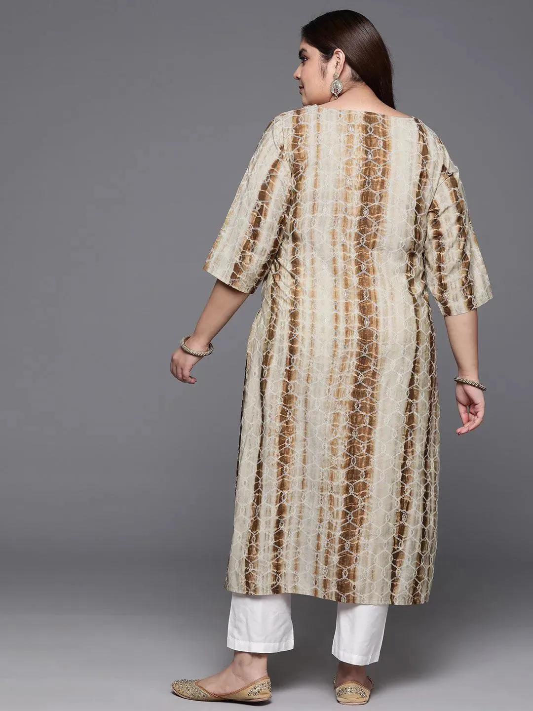 Plus Size Brown Yoke Design Straight Silk Kurta