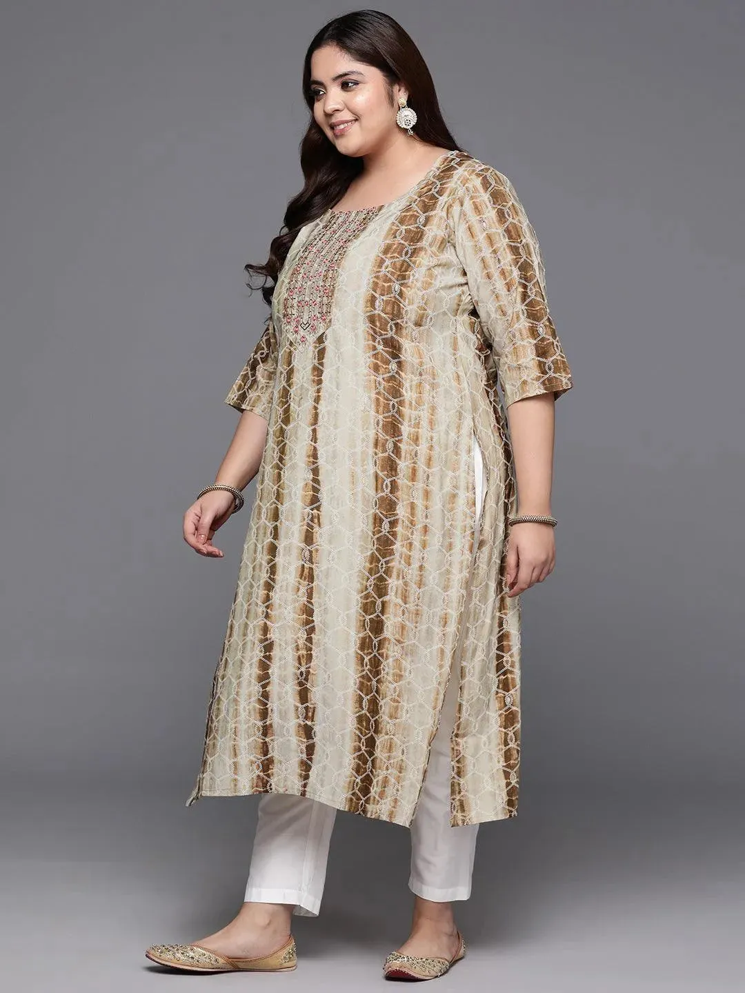 Plus Size Brown Yoke Design Straight Silk Kurta