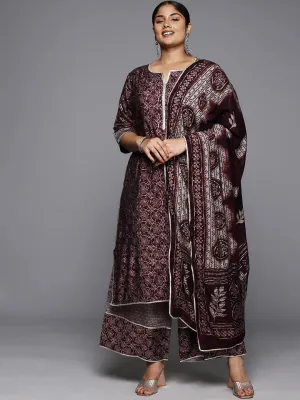 Plus Size Burgundy Printed Silk Blend Straight Suit With Dupatta