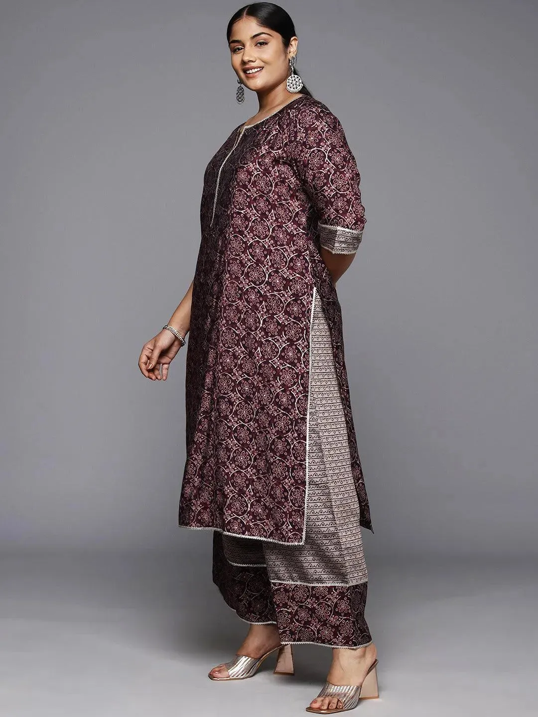 Plus Size Burgundy Printed Silk Blend Straight Suit With Dupatta