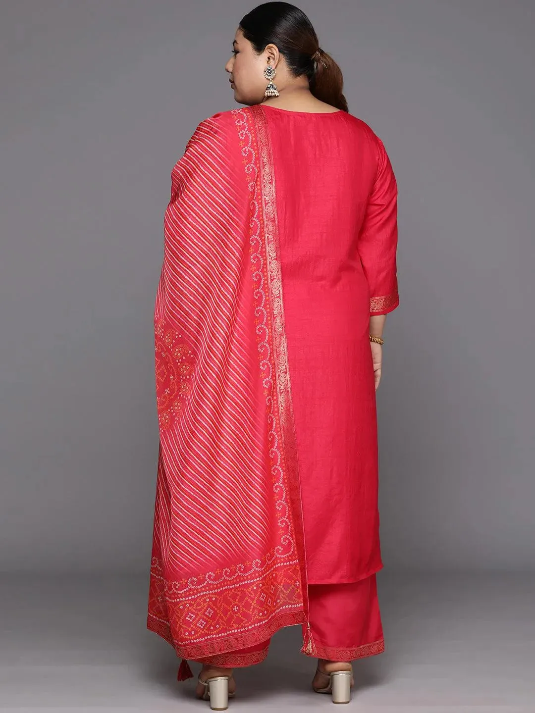 Plus Size Coral Woven Design Silk Blend Straight Kurta With Trousers & Dupatta