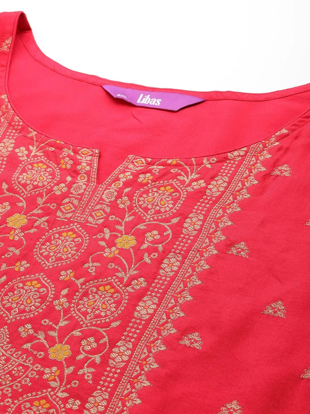 Plus Size Coral Woven Design Silk Blend Straight Kurta With Trousers & Dupatta