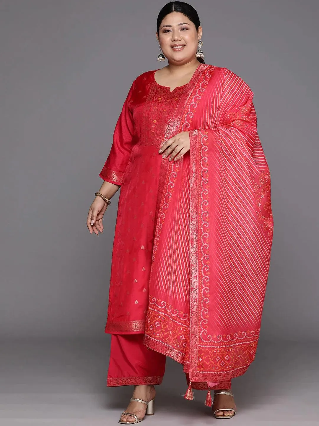 Plus Size Coral Woven Design Silk Blend Straight Kurta With Trousers & Dupatta