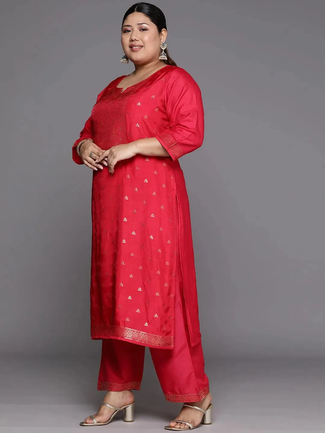 Plus Size Coral Woven Design Silk Blend Straight Kurta With Trousers & Dupatta