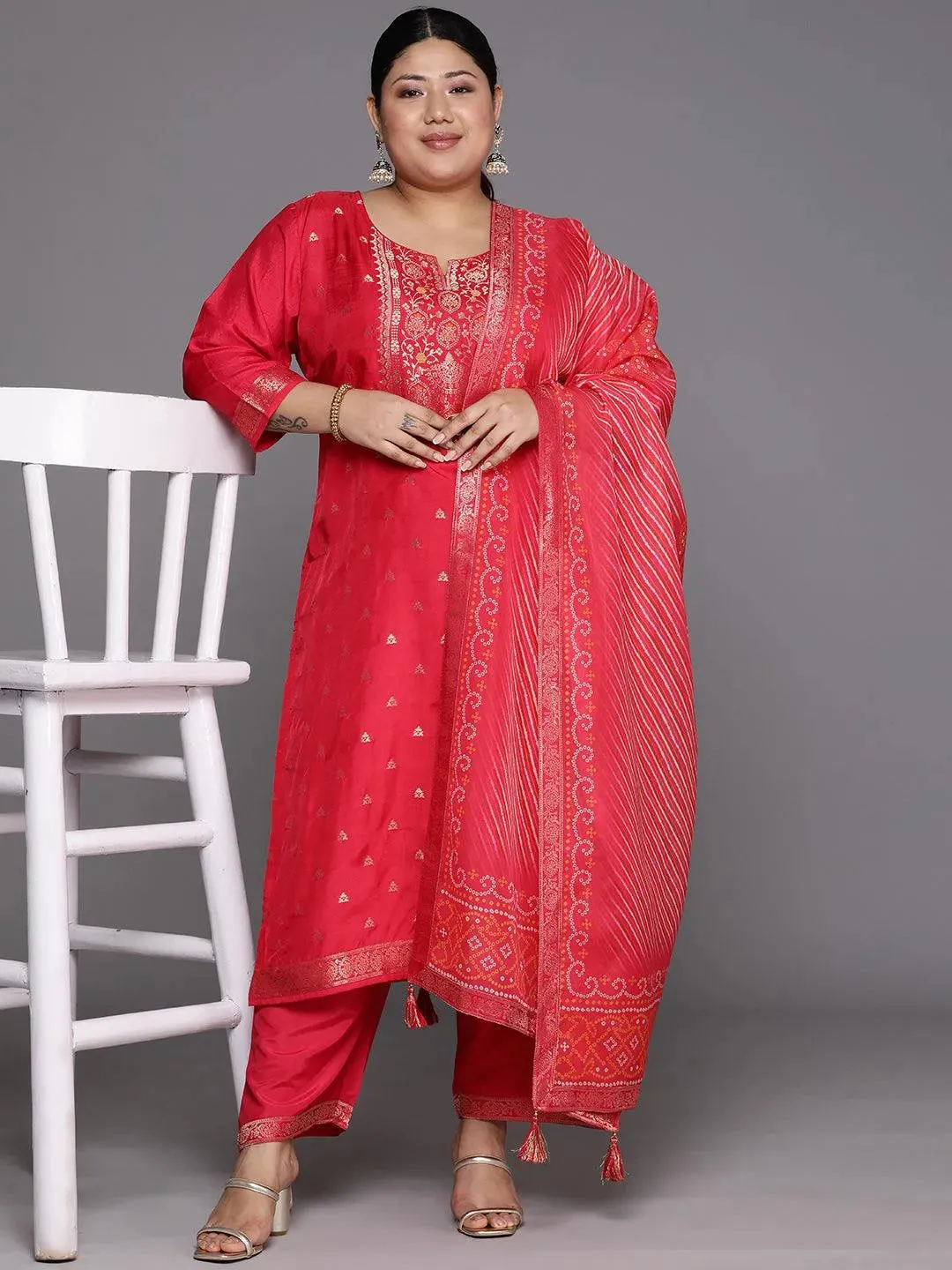 Plus Size Coral Woven Design Silk Blend Straight Kurta With Trousers & Dupatta