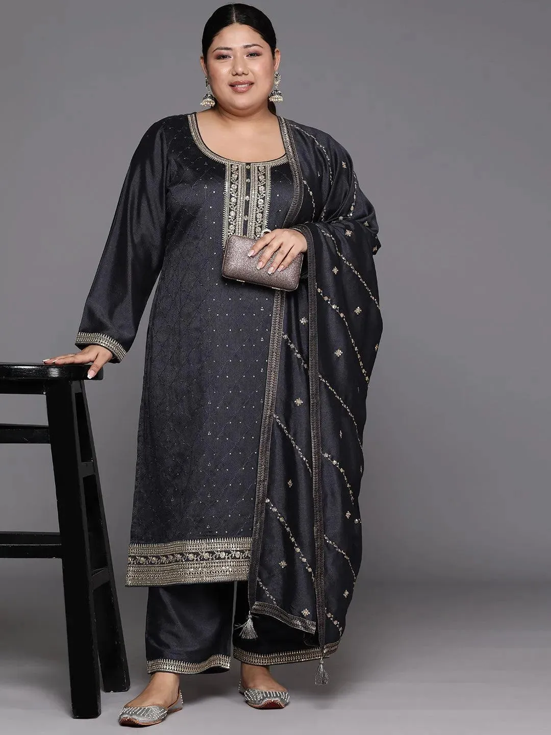 Plus Size Grey Embroidered Silk Blend Straight Kurta With Trousers & Dupatta