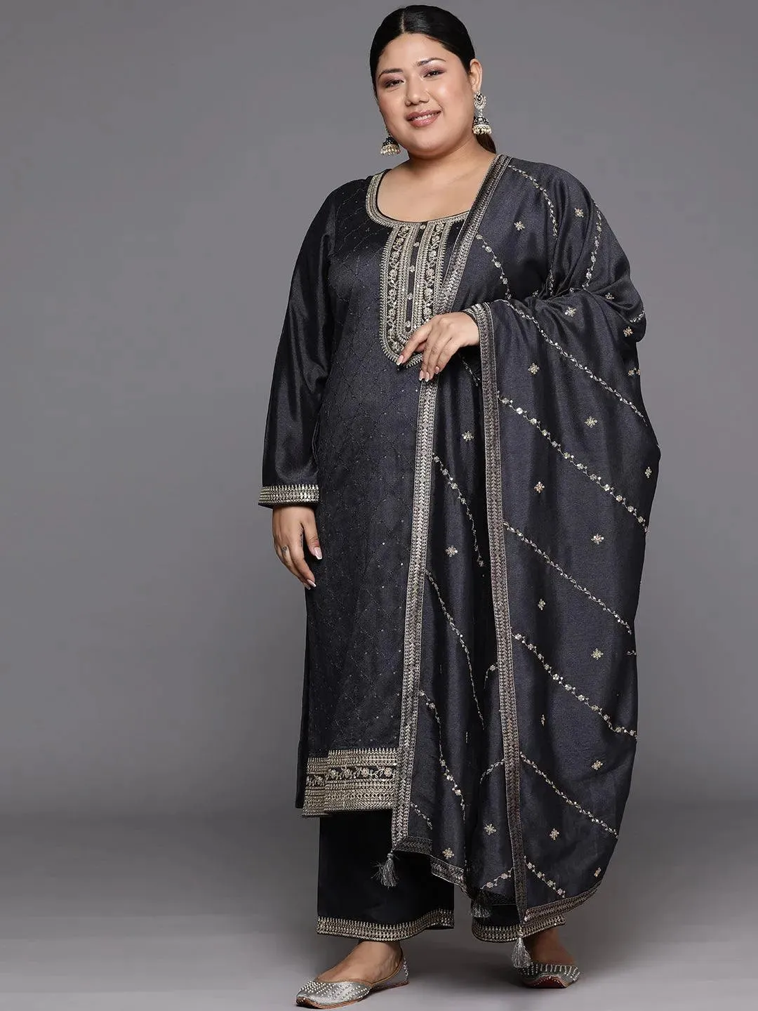 Plus Size Grey Embroidered Silk Blend Straight Kurta With Trousers & Dupatta