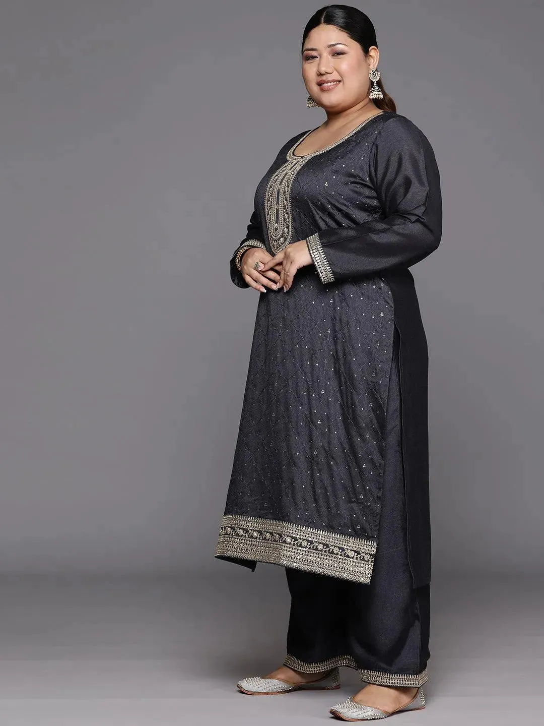 Plus Size Grey Embroidered Silk Blend Straight Kurta With Trousers & Dupatta