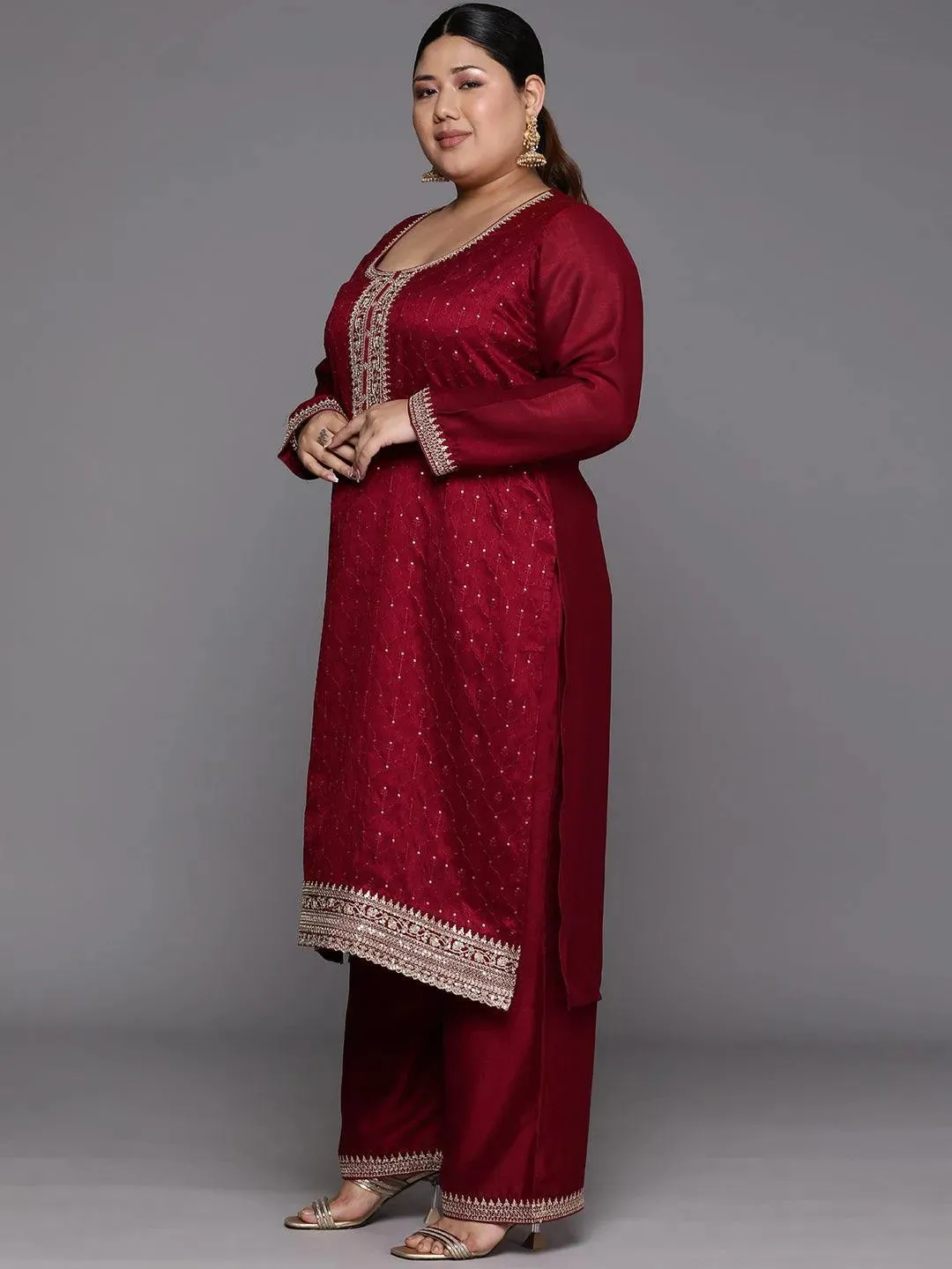 Plus Size Maroon Embroidered Silk Blend Straight Kurta With Trousers & Dupatta