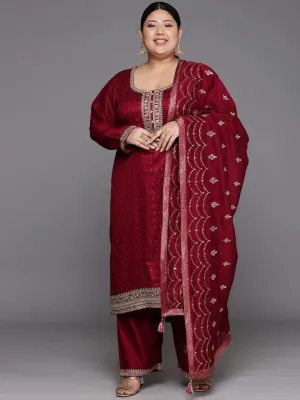 Plus Size Maroon Embroidered Silk Blend Straight Kurta With Trousers & Dupatta