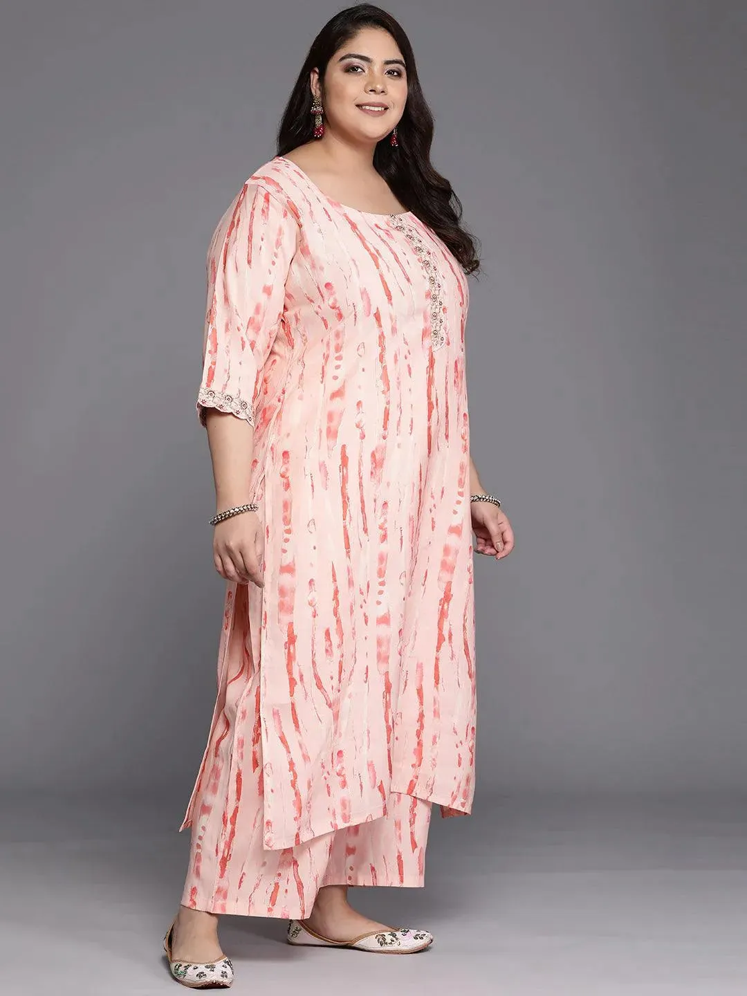 Plus Size Peach Printed Silk Blend Straight Kurta With Trousers & Dupatta