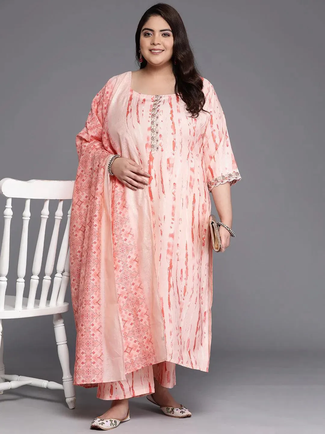 Plus Size Peach Printed Silk Blend Straight Kurta With Trousers & Dupatta