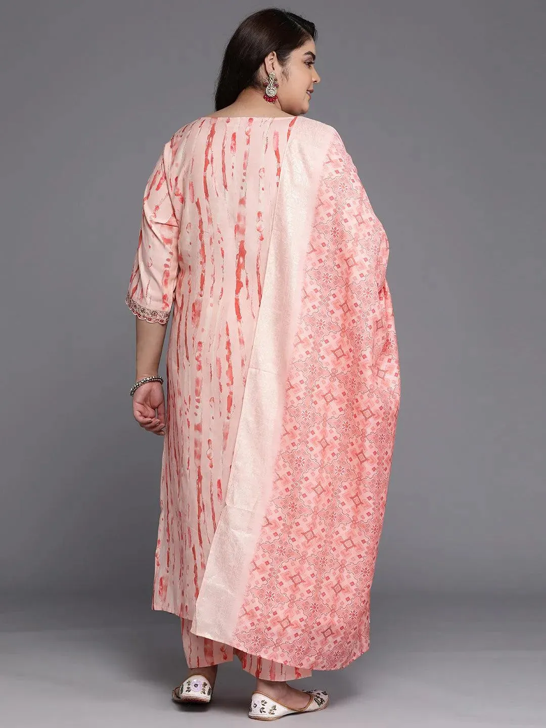 Plus Size Peach Printed Silk Blend Straight Kurta With Trousers & Dupatta