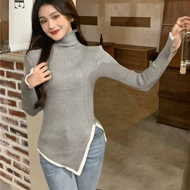 Pullover Turtleneck Sweater Split Fork Fashion Spring Knitted Jumper Simple Elastic Soft Long Sleeve Female Tops