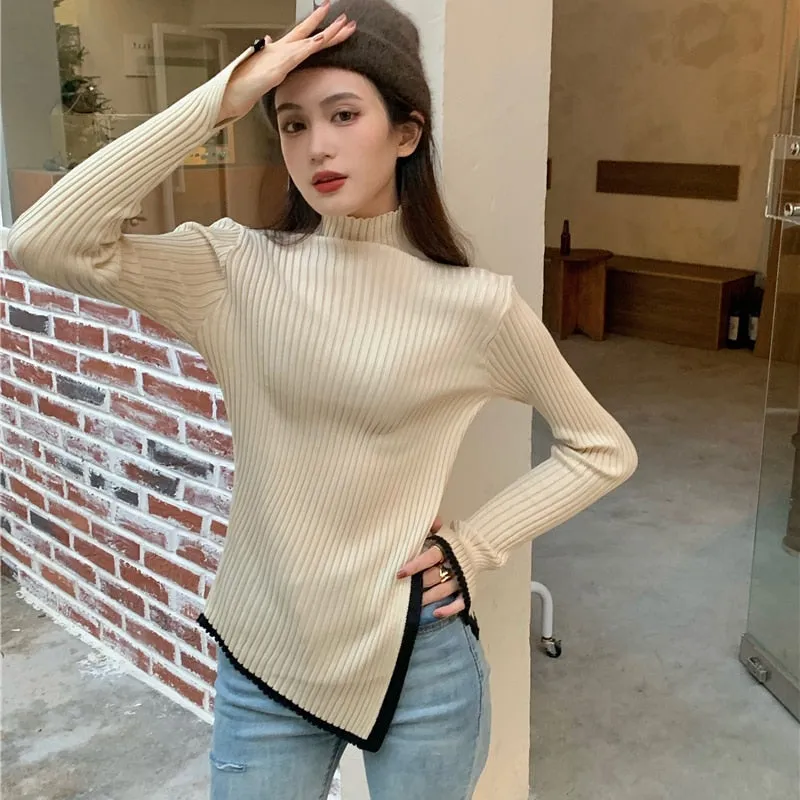 Pullover Turtleneck Sweater Split Fork Fashion Spring Knitted Jumper Simple Elastic Soft Long Sleeve Female Tops