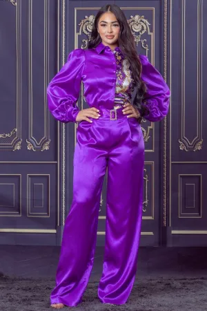 Purple Chain and Floral Satin Top and Pants Set