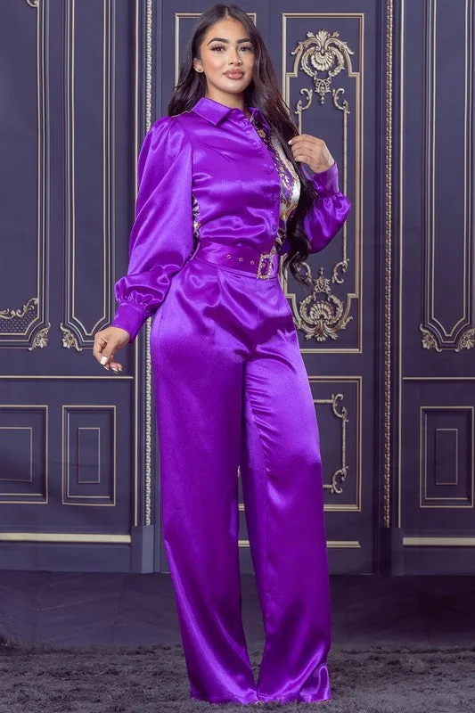 Purple Chain and Floral Satin Top and Pants Set