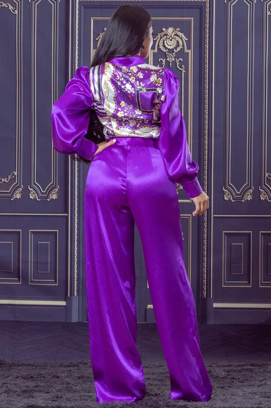 Purple Chain and Floral Satin Top and Pants Set