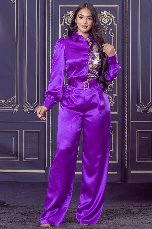 Purple Chain and Floral Satin Top and Pants Set