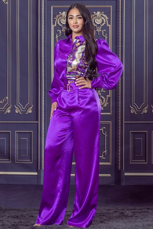 Purple Chain and Floral Satin Top and Pants Set