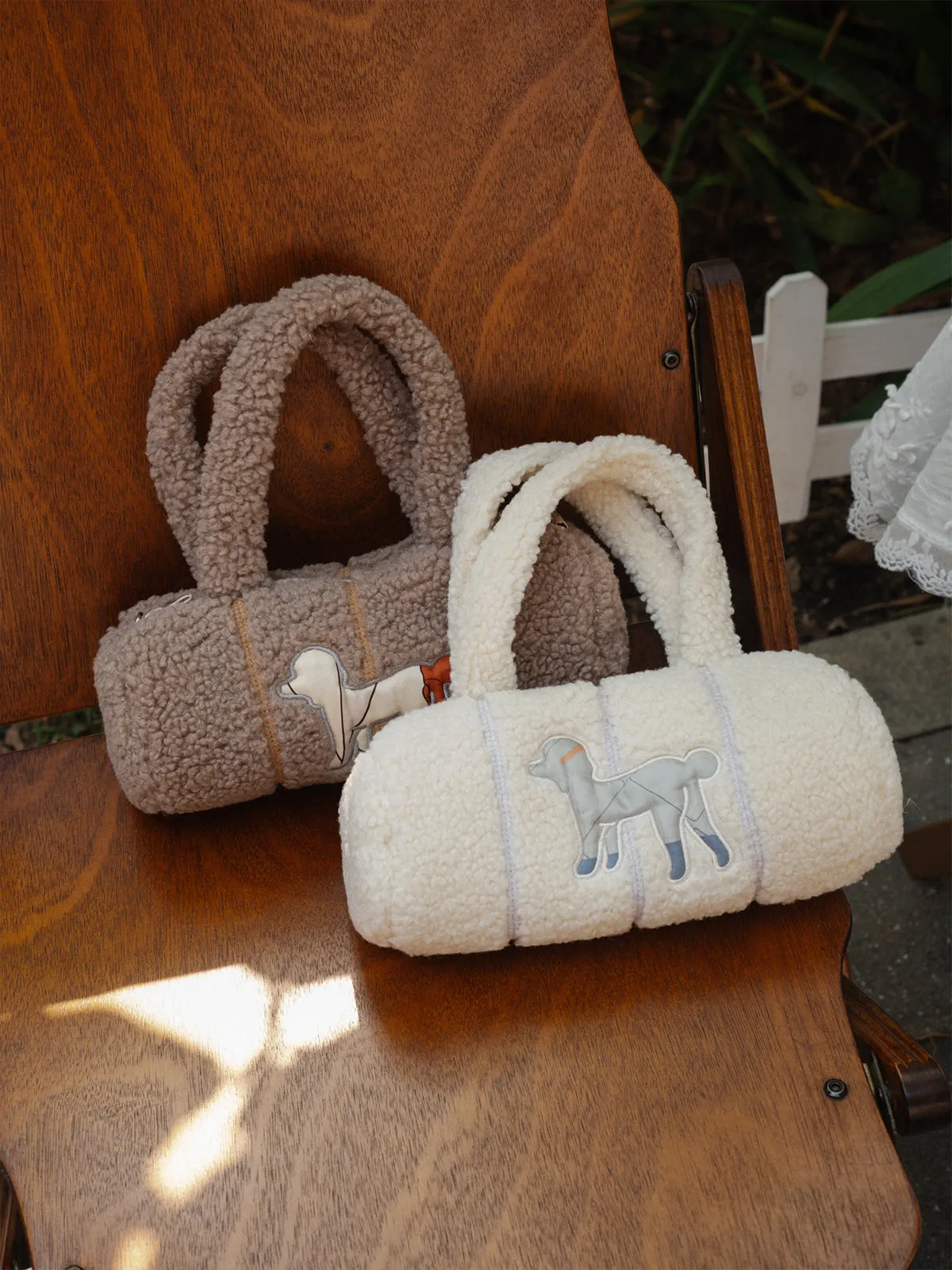 "Pan Pan" Cylinder Shearling Bag - Taupe