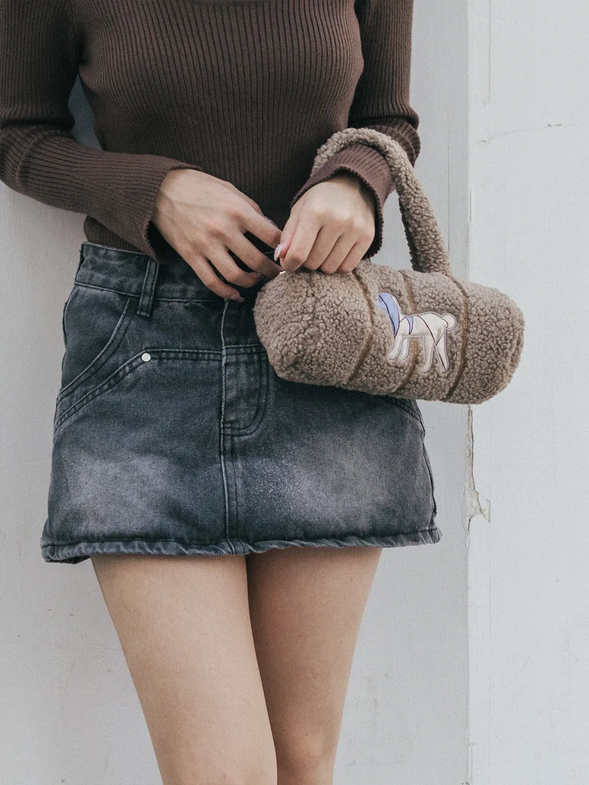 "Pan Pan" Cylinder Shearling Bag - Taupe