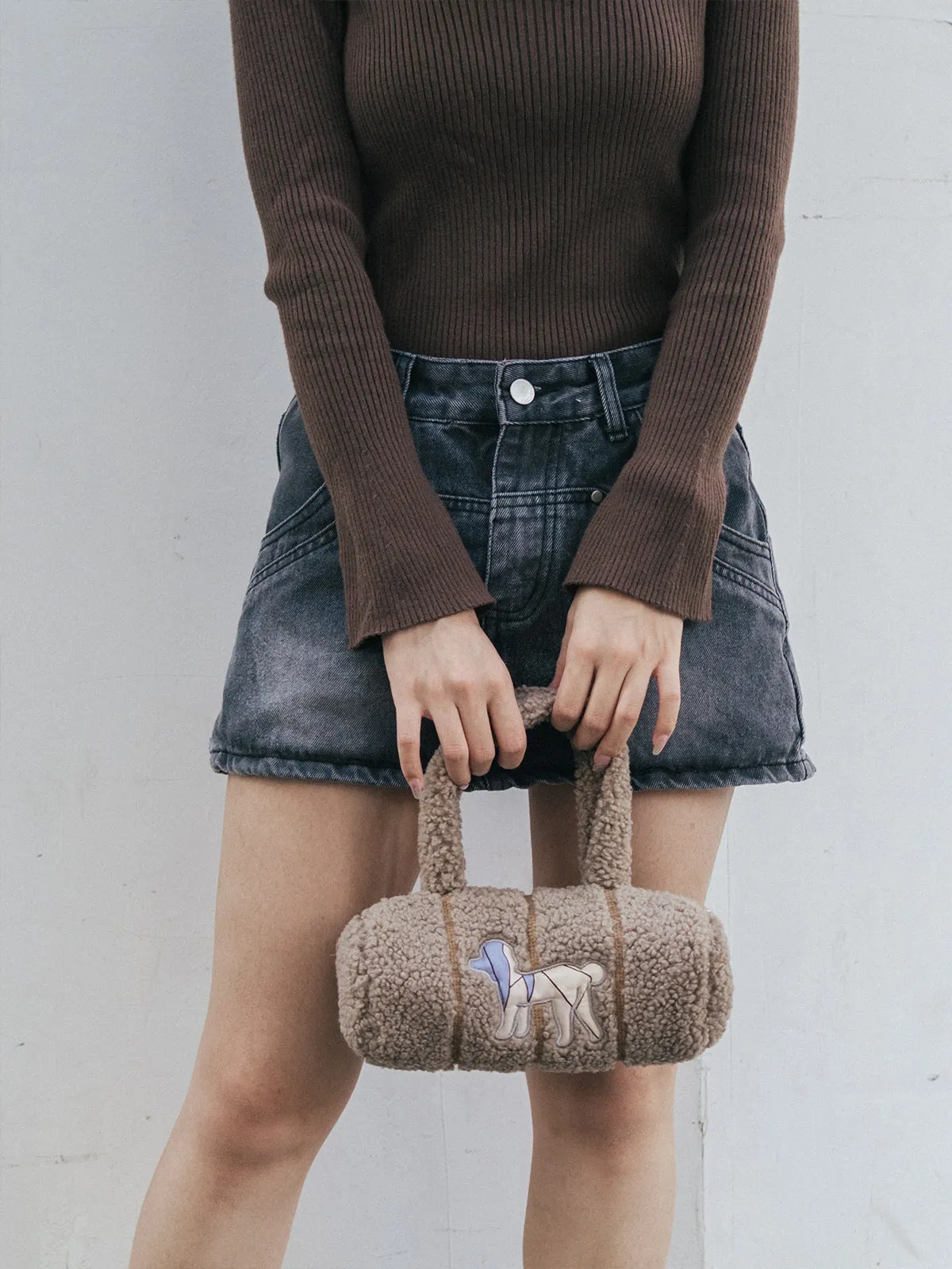 "Pan Pan" Cylinder Shearling Bag - Taupe