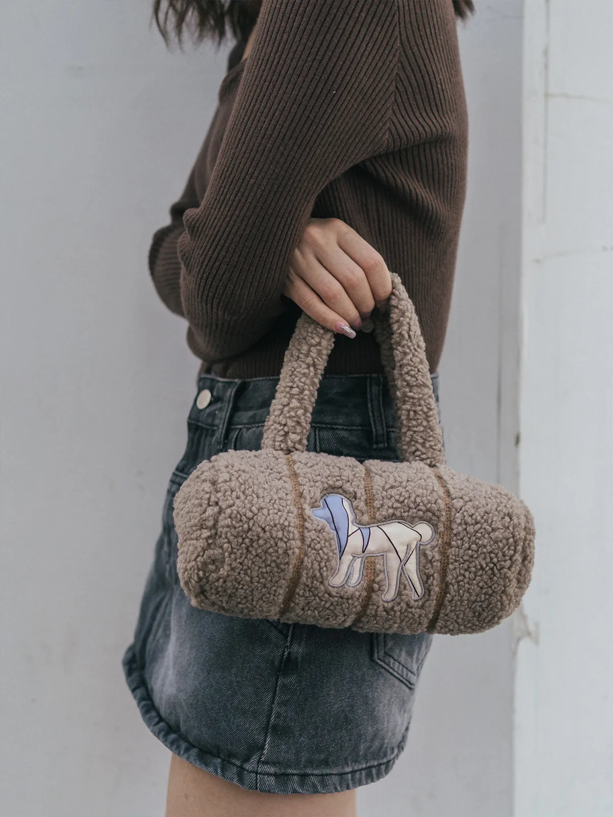 "Pan Pan" Cylinder Shearling Bag - Taupe