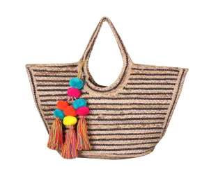 Raven Stripe Eco-Friendly Jute Tote with Pom Pom Tassels