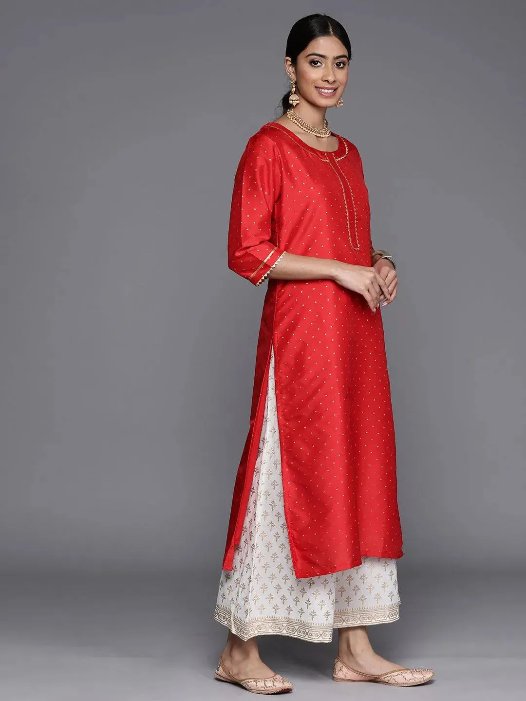 Red Woven Design Art Silk Straight Kurta