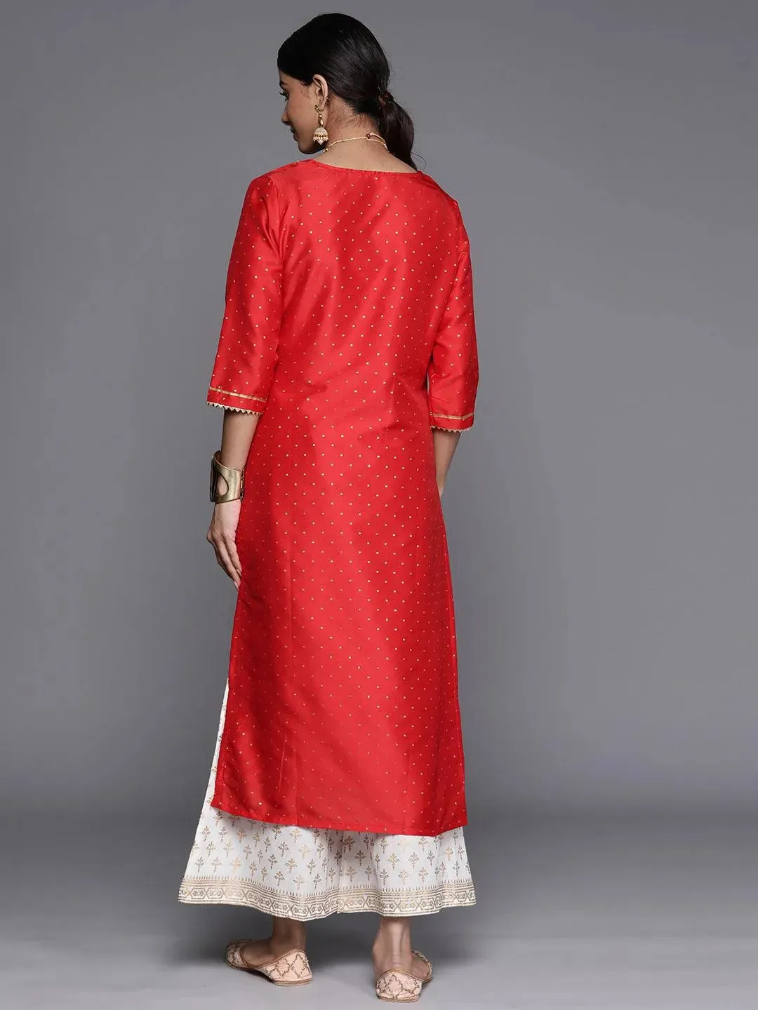 Red Woven Design Art Silk Straight Kurta