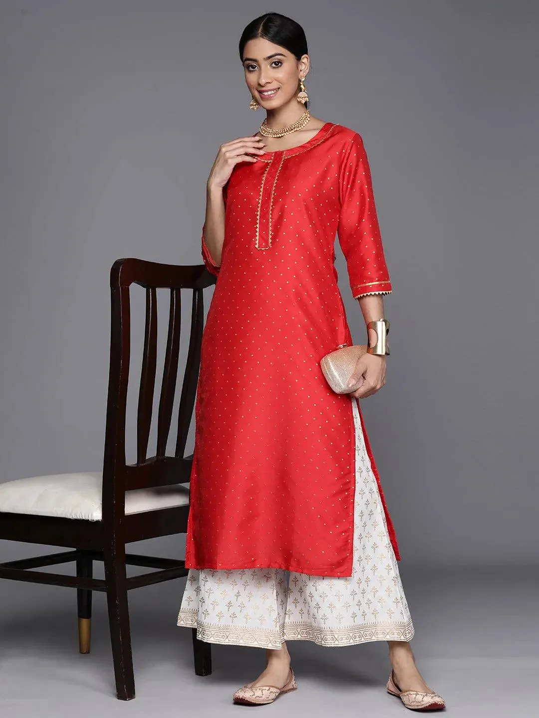 Red Woven Design Art Silk Straight Kurta