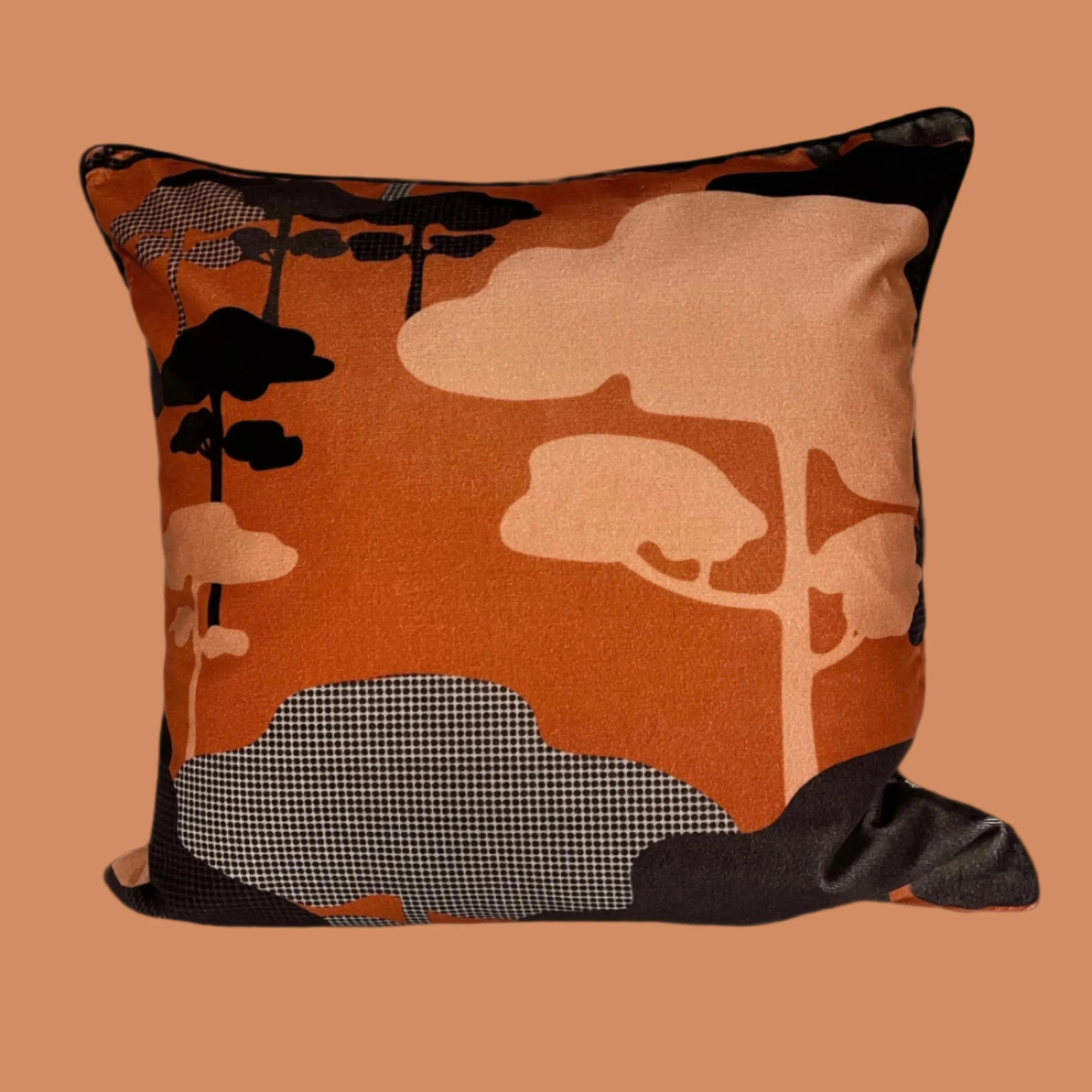 Retro Tree Velvet Cushion - Burnt orange