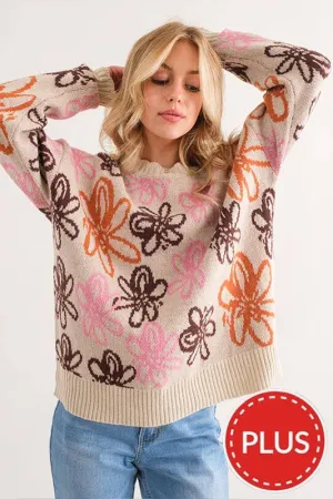 Scallop Edge Floral Print Sweater