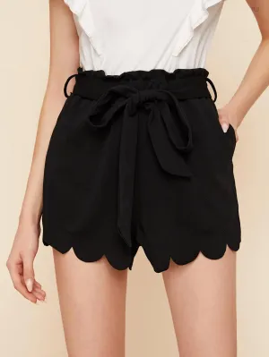 Scallop Hem Paperbag Waist Belted Shorts