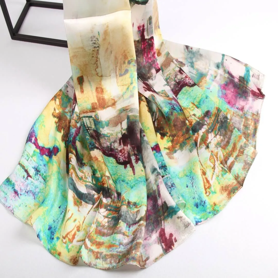 Silk Scarf Collections|Blossom Range|Impressionism Design|Beige|Long Silk Scarf