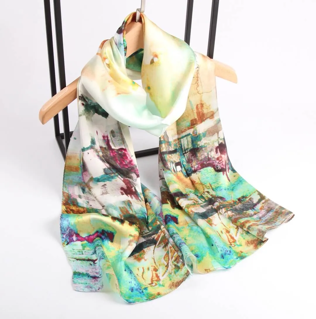 Silk Scarf Collections|Blossom Range|Impressionism Design|Beige|Long Silk Scarf