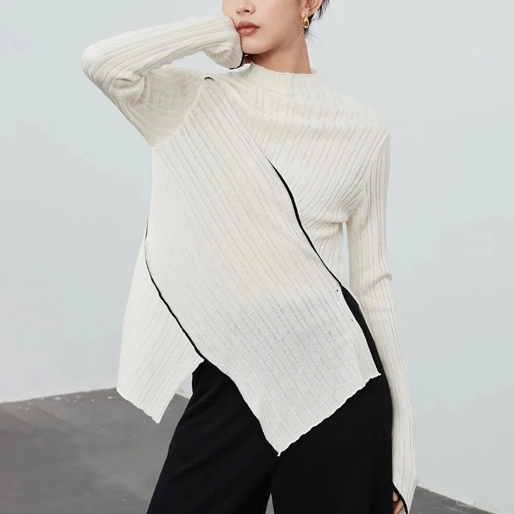 Slimming Hit Color Knitting Sweaters For Women Round Neck Long Sleeves Casual Pullover Sweater Female Fashion