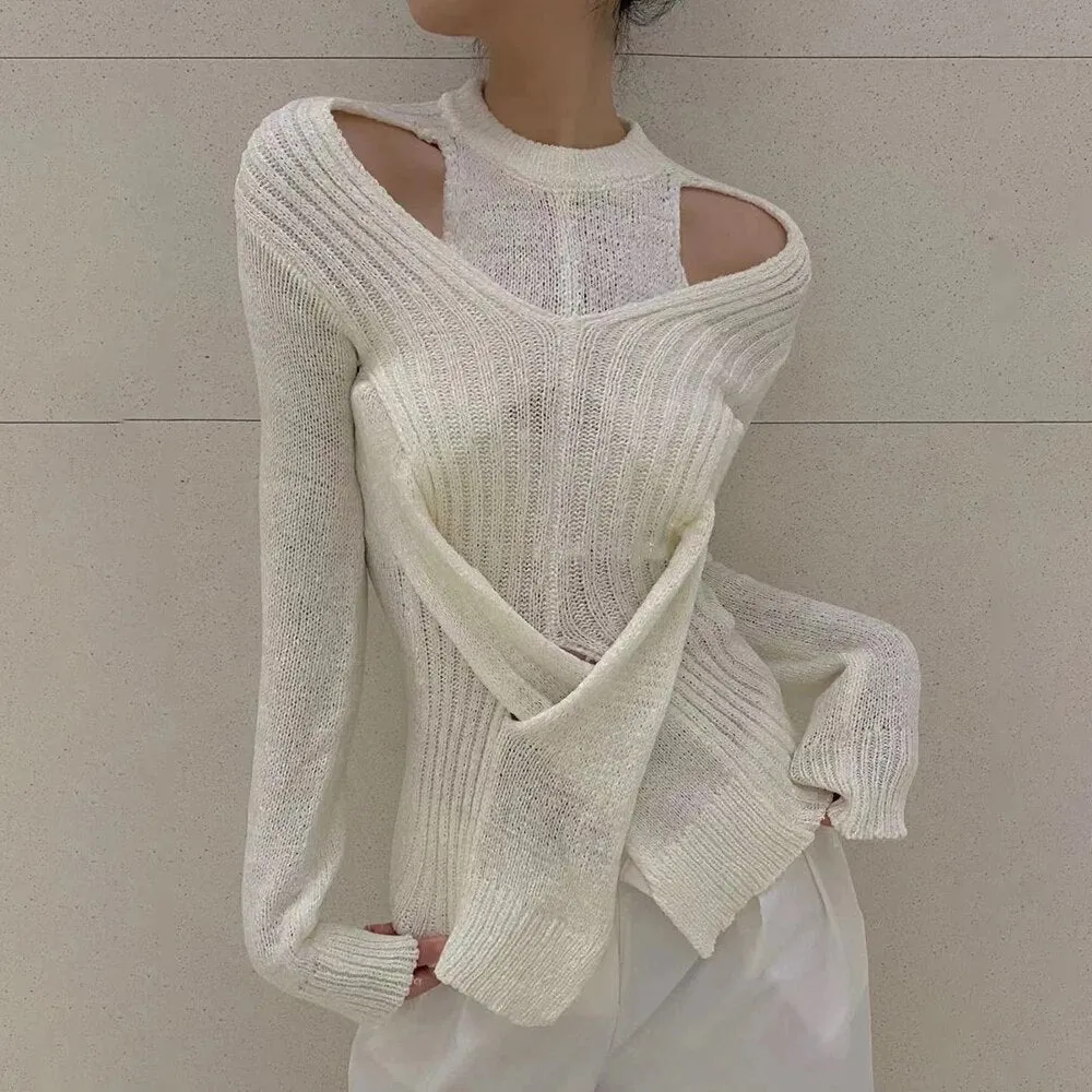 Solid Irregular Knitting Sweaters For Women Round Neck Long Sleeve Slimming Casual Sweater Female Fashion Clothing