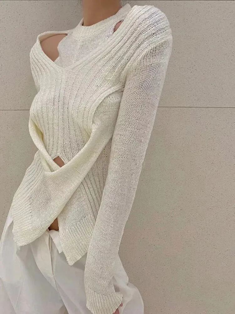 Solid Irregular Knitting Sweaters For Women Round Neck Long Sleeve Slimming Casual Sweater Female Fashion Clothing