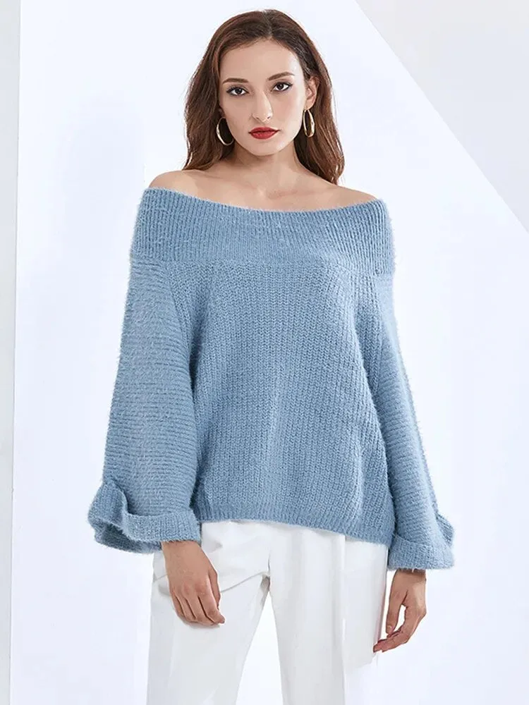 Solid Loose Knitting Sweaters For Women Slash Neck Cold Shoulder Batwing Sleeve Pullover Sweater Female Fashion